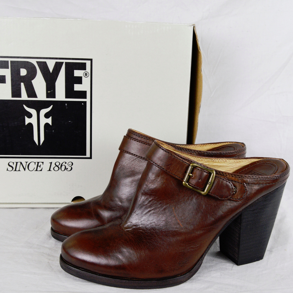 Frye Brown Leather Mule Clogs with Buckle
